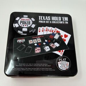 World Series of Poker Texas Hold 'Em Poker Set in Tin Chips Cards Felt Surface